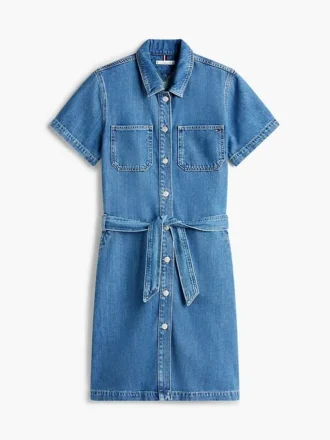 Vestido camisa em ganga de lavagem média com cinto