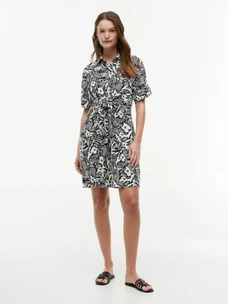 Vestido-camisa em mistura de linho com estampado tropical