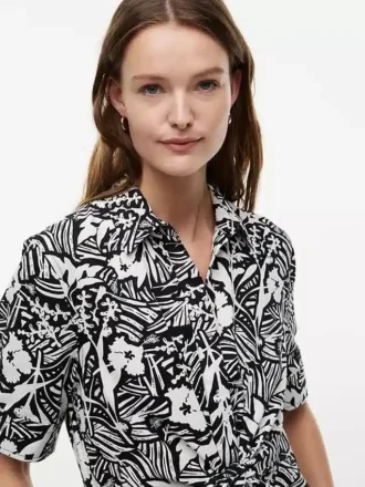 Vestido-camisa em mistura de linho com estampado tropical