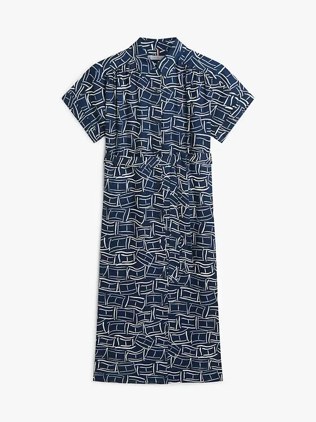 Vestido-camisa midi de linho com cinto e estampado de bandeiras Vestido-camisa midi de linho com cinto e estampado de bandeiras