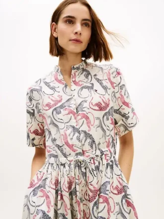 Vestido-camisa midi em linho com padrão animal