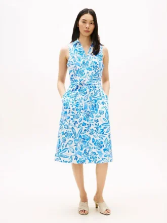 Vestido camisa sem mangas com cinto em mistura de linho