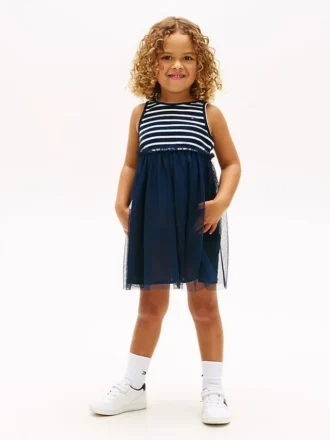 Vestido combinado de tule às riscas para criança