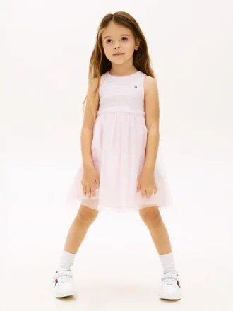 Vestido combinado de tule às riscas para criança