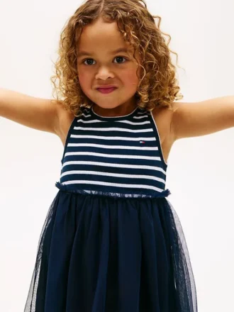 Vestido combinado de tule às riscas para criança