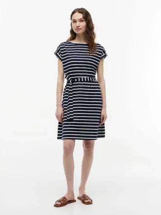 Vestido de algodão elástico com riscas e cinto