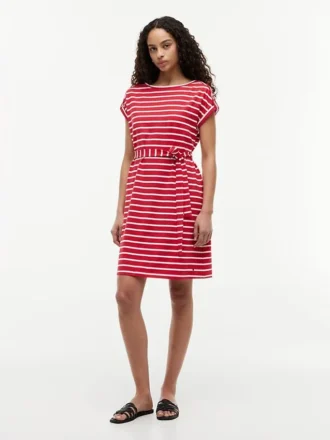Vestido de algodão elástico com riscas e cinto