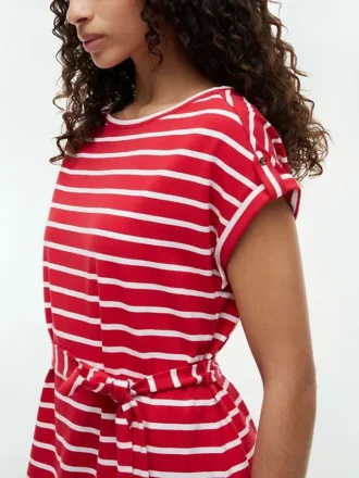 Vestido de algodão elástico com riscas e cinto