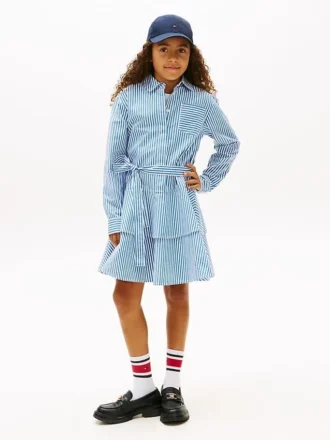 Vestido de popeline com riscas e camadas para criança