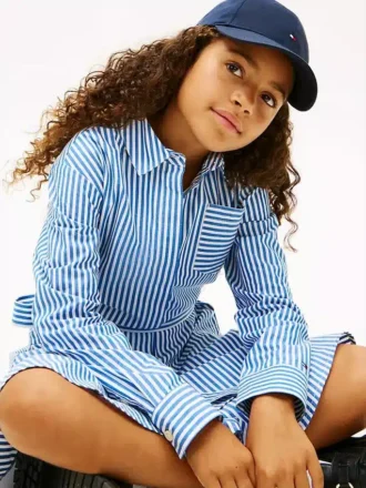Vestido de popeline com riscas e camadas para criança