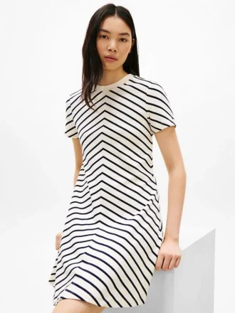 Vestido em malha interlock com riscas em ziguezague