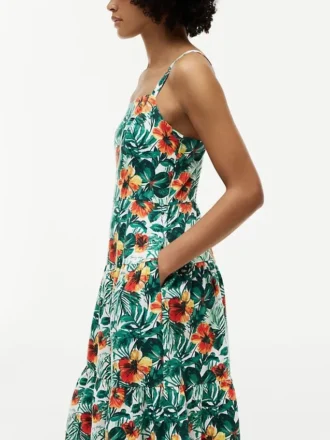 Vestido em mistura de linho com camadas e estampado tropical