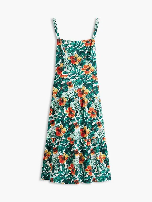 Vestido em mistura de linho com camadas e estampado tropical Vestido em mistura de linho com camadas e estampado tropical