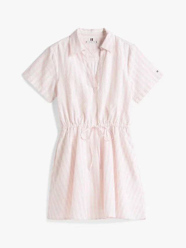 Vestido essencial em mistura de linho às riscas Vestido essencial em mistura de linho às riscas