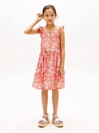 Vestido infantil com alças com folhos e estampado floral