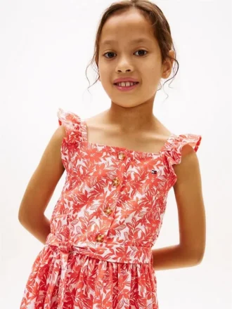 Vestido infantil com alças com folhos e estampado floral