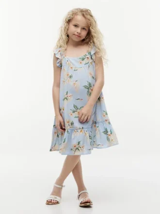 Vestido infantil com folhos e estampado floral