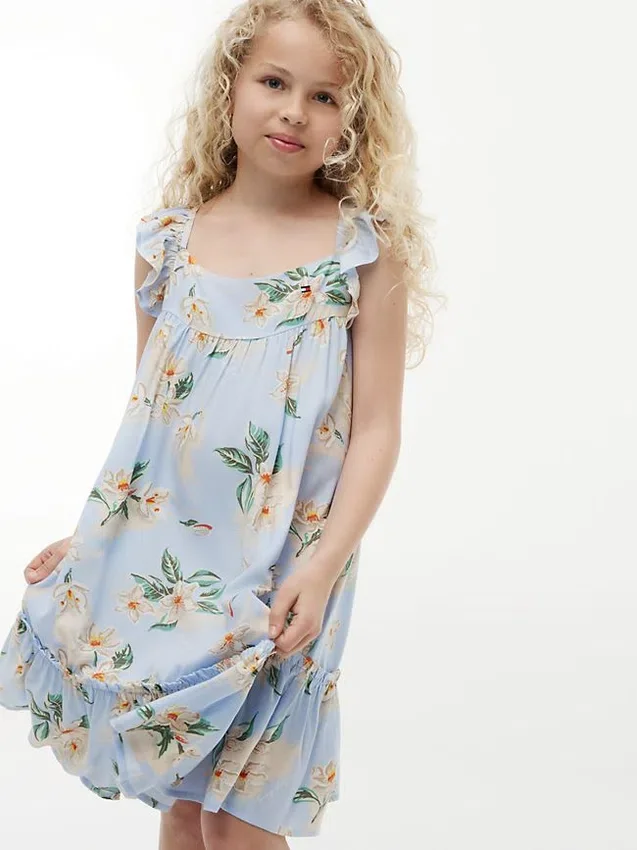 Vestido infantil com folhos e estampado floral Vestido infantil com folhos e estampado floral