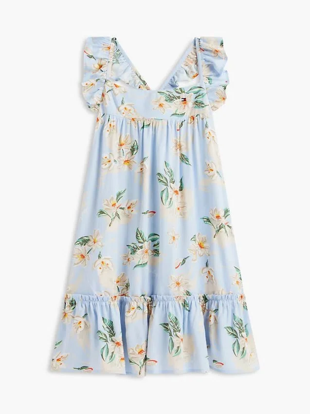 Vestido infantil com folhos e estampado floral Vestido infantil com folhos e estampado floral