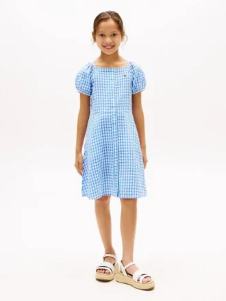 Vestido infantil de xadrez com mangas bufantes