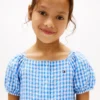 Vestido infantil de xadrez com mangas bufantes