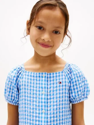 Vestido infantil de xadrez com mangas bufantes