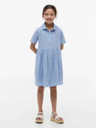 Vestido infantil às riscas em mistura de algodão e linho