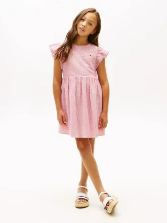 Vestido infantil às riscas em seersucker com mangas esvoaçantes