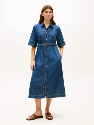 Vestido midi de ganga com cinto