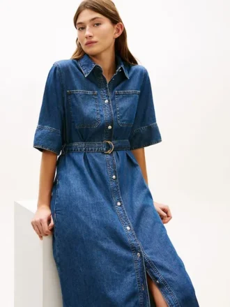 Vestido midi de ganga com cinto