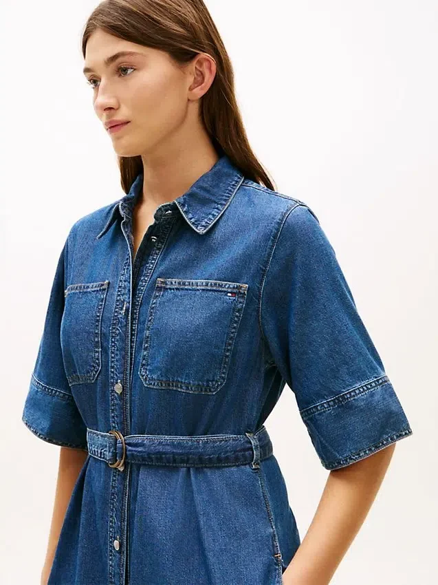 Vestido midi de ganga com cinto Vestido midi de ganga com cinto