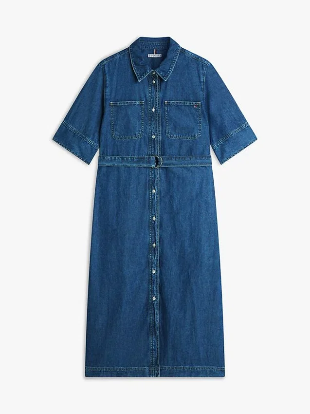 Vestido midi de ganga com cinto Vestido midi de ganga com cinto