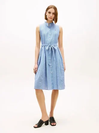 Vestido Midi de Gingham Seersucker com Cinto