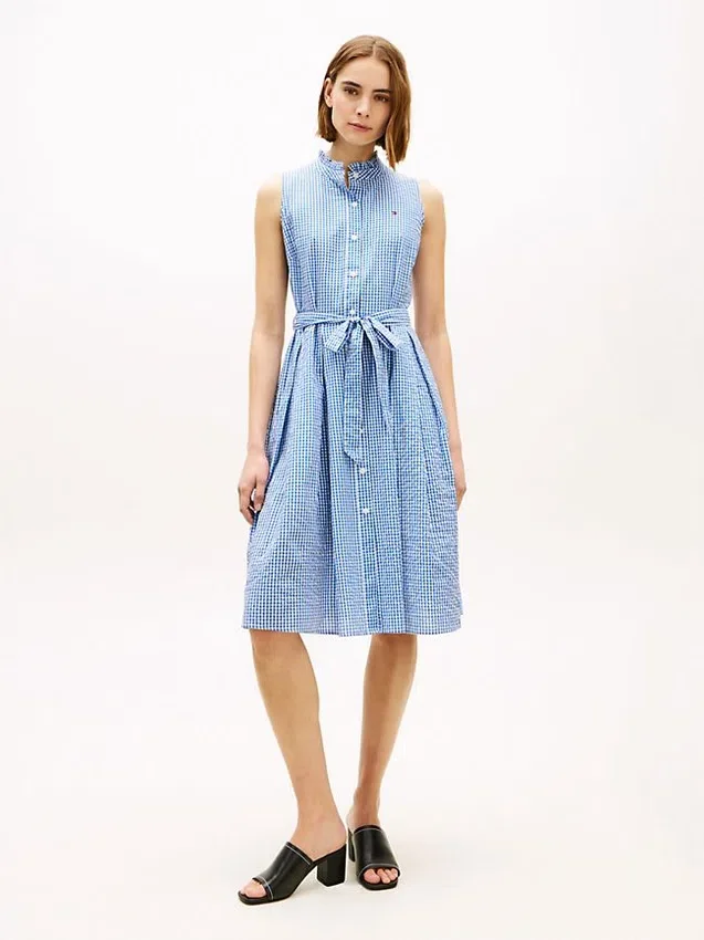 Vestido Midi de Gingham Seersucker com Cinto Vestido Midi de Gingham Seersucker com Cinto