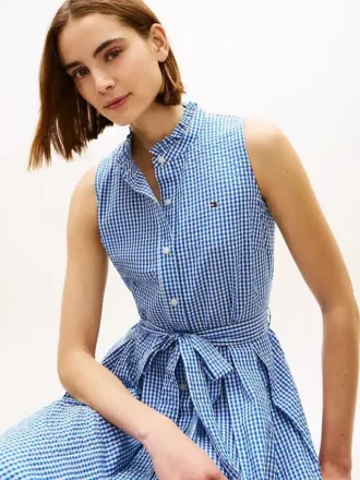 Vestido Midi de Gingham Seersucker com Cinto