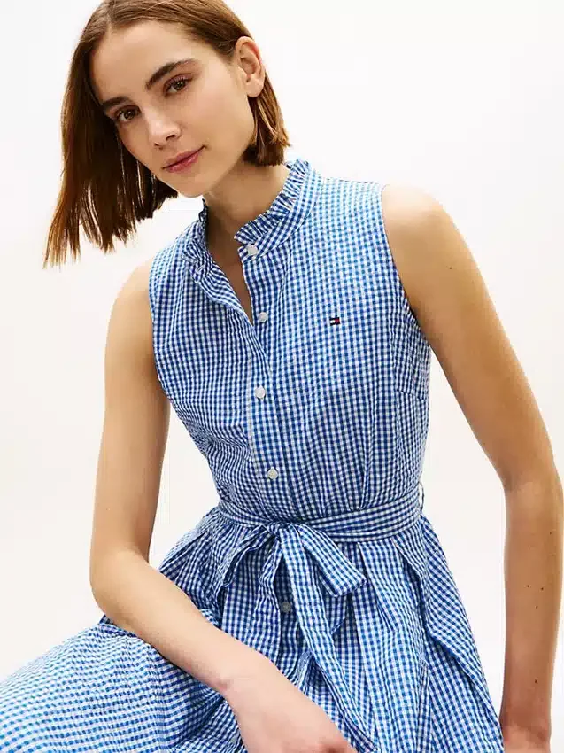 Vestido Midi de Gingham Seersucker com Cinto Vestido Midi de Gingham Seersucker com Cinto