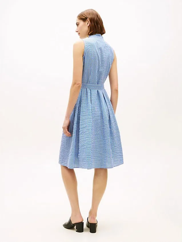 Vestido Midi de Gingham Seersucker com Cinto Vestido Midi de Gingham Seersucker com Cinto
