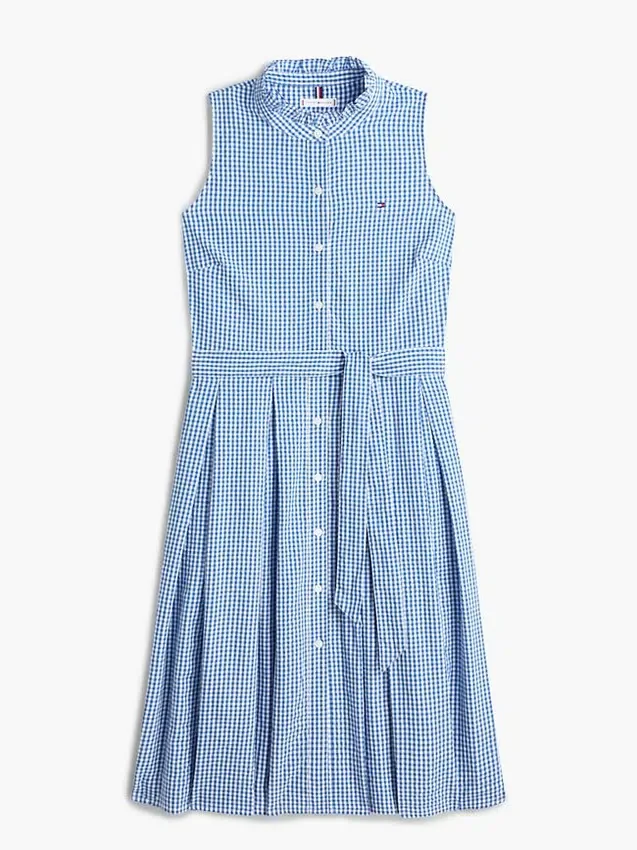 Vestido Midi de Gingham Seersucker com Cinto Vestido Midi de Gingham Seersucker com Cinto