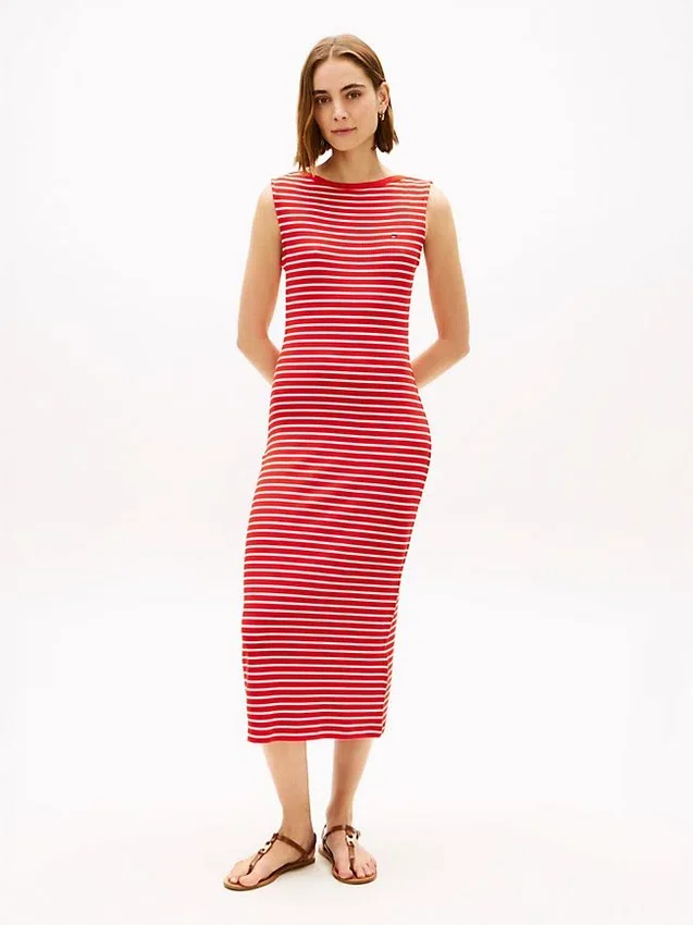 Vestido Midi de Gola Barco com Risca e Corte Justo Vestido Midi de Gola Barco com Risca e Corte Justo