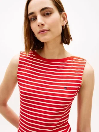 Vestido Midi de Gola Barco com Risca e Corte Justo