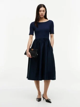 Vestido Midi de Manga Curta em Mistura de Materiais