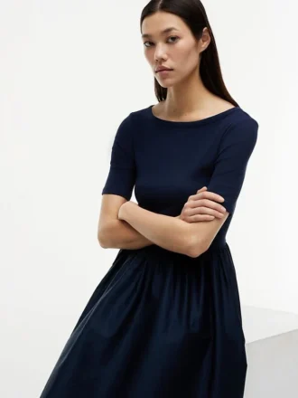 Vestido Midi de Manga Curta em Mistura de Materiais