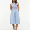 Vestido Midi de Popeline com Franzido às Riscas