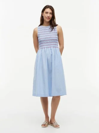Vestido Midi de Popeline com Franzido às Riscas