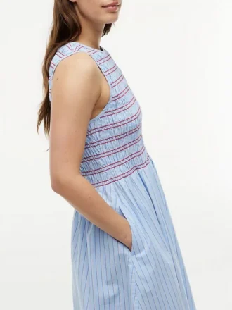 Vestido Midi de Popeline com Franzido às Riscas