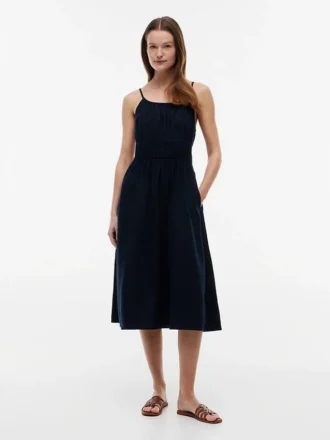 Vestido Midi em Mistura de Linho com Franzido