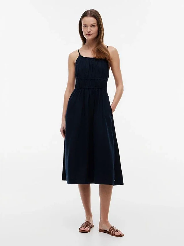 Vestido Midi em Mistura de Linho com Franzido Vestido Midi em Mistura de Linho com Franzido