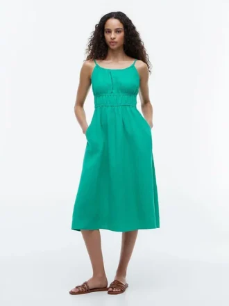 Vestido Midi em Mistura de Linho com Franzido