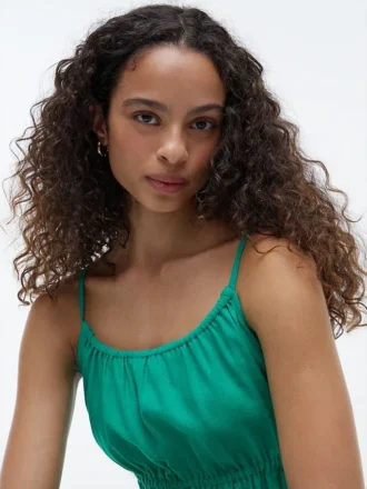 Vestido Midi em Mistura de Linho com Franzido