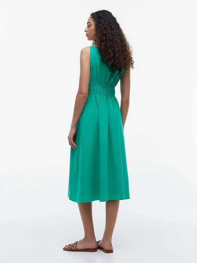 Vestido Midi em Mistura de Linho com Franzido Vestido Midi em Mistura de Linho com Franzido